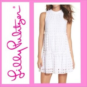Lilly Pulitzer Indira Swing Resort White Dress 29048 Stripy‎ Rayon Eyelet Medium